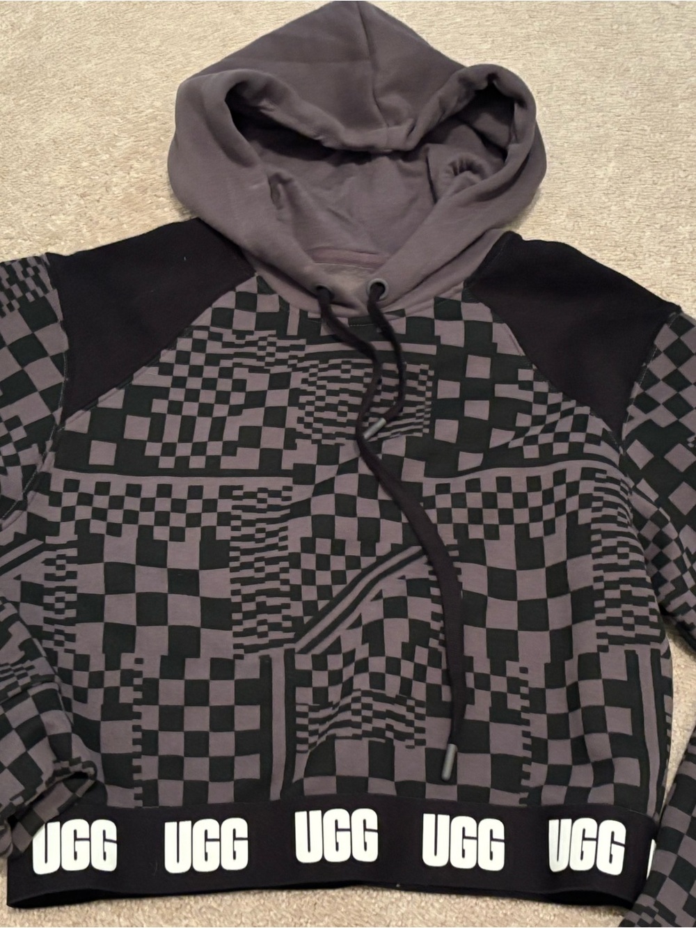 UGG Womens Small Mallory Cropped Gray Black Geometric Hoodie Sweatshirt